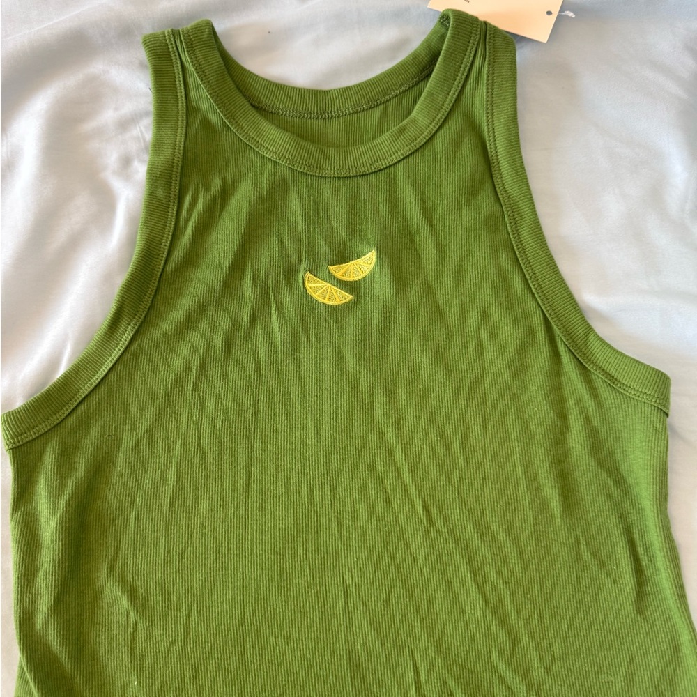 Green Ribbed Tank with Lime Embroidery